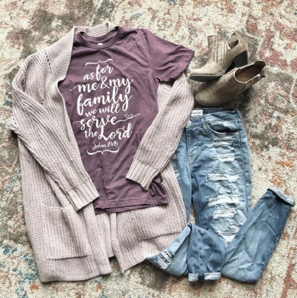 One of my spring brand reps, Charli @motheroftheyearadventures shared this adorable outfit with our Bible verse t-shirt.