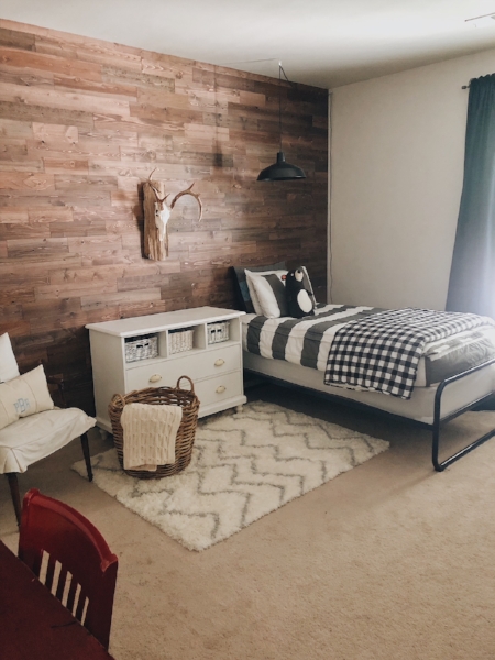 A view of the finished rustic wood accent wall.