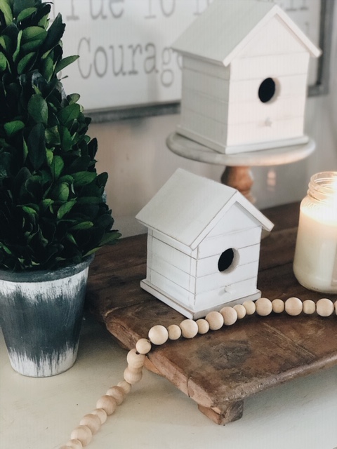 Shiplap bird houses, boxwood greenery, and sign are all from Krumpet’s Home Decor  here . Use code SHEGAVEITAGO for a discount!
