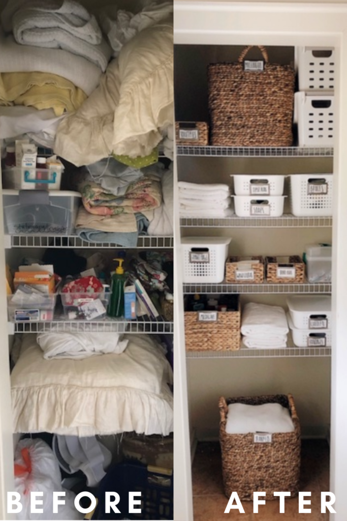 How to Organize a Bathroom Closet by popular Alabama lifestyle blog, She Gave It A Go: image of a bathroom closet organized with woven seagrass basket and white plastic bins. 