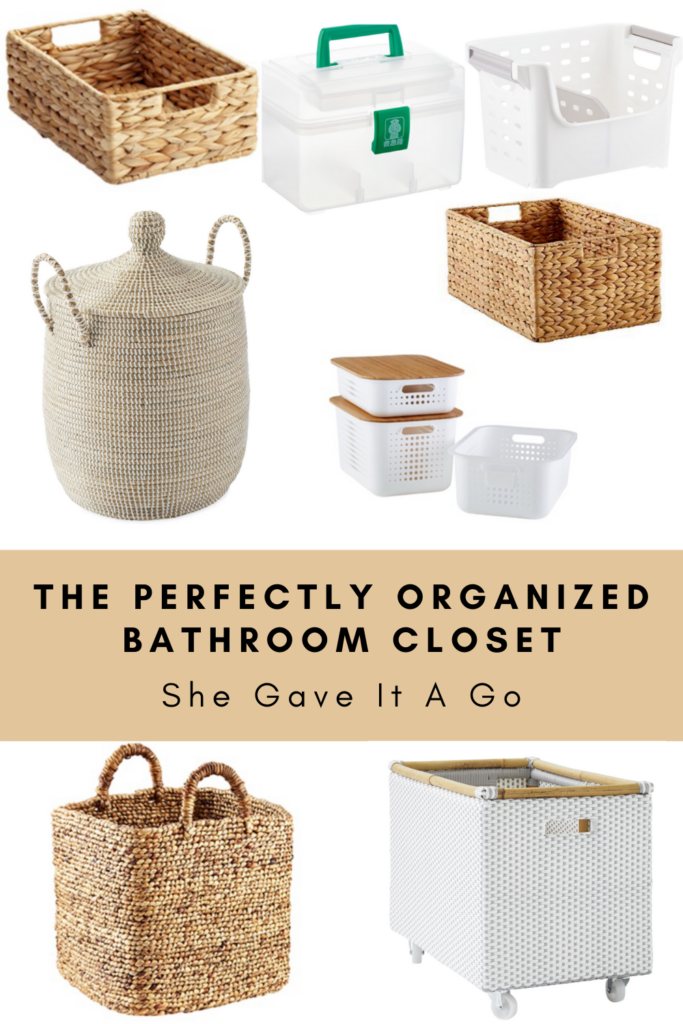 How to Organize a Bathroom Closet by popular Alabama lifestyle blog, She Gave It A Go: collage image of woven seagrass baskets, white plastic bins, woven basket with lid, and storage bin on wheels. 