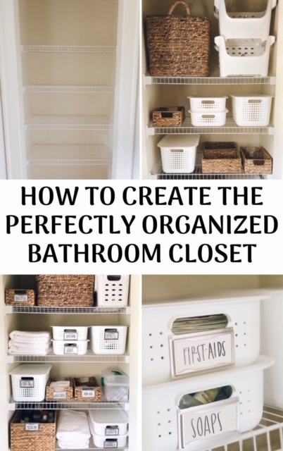 How To Create Organize Your Bathroom Closet, tips featured by top AL home blogger, She Gave It A Go | How to Organize a Bathroom Closet by popular Alabama lifestyle blog, She Gave It A Go: Pinterest image of a bathroom closet organized with woven seagrass basket and white plastic bins. 