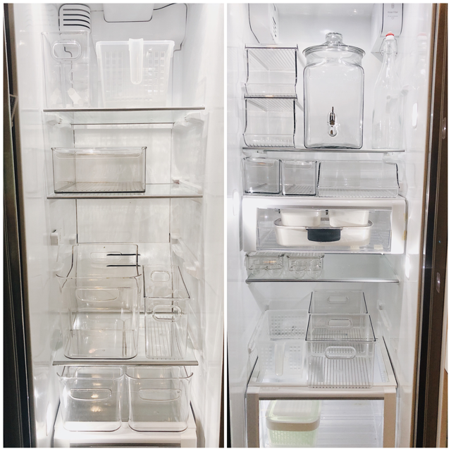 Fridge and freezer with organizing pieces in place