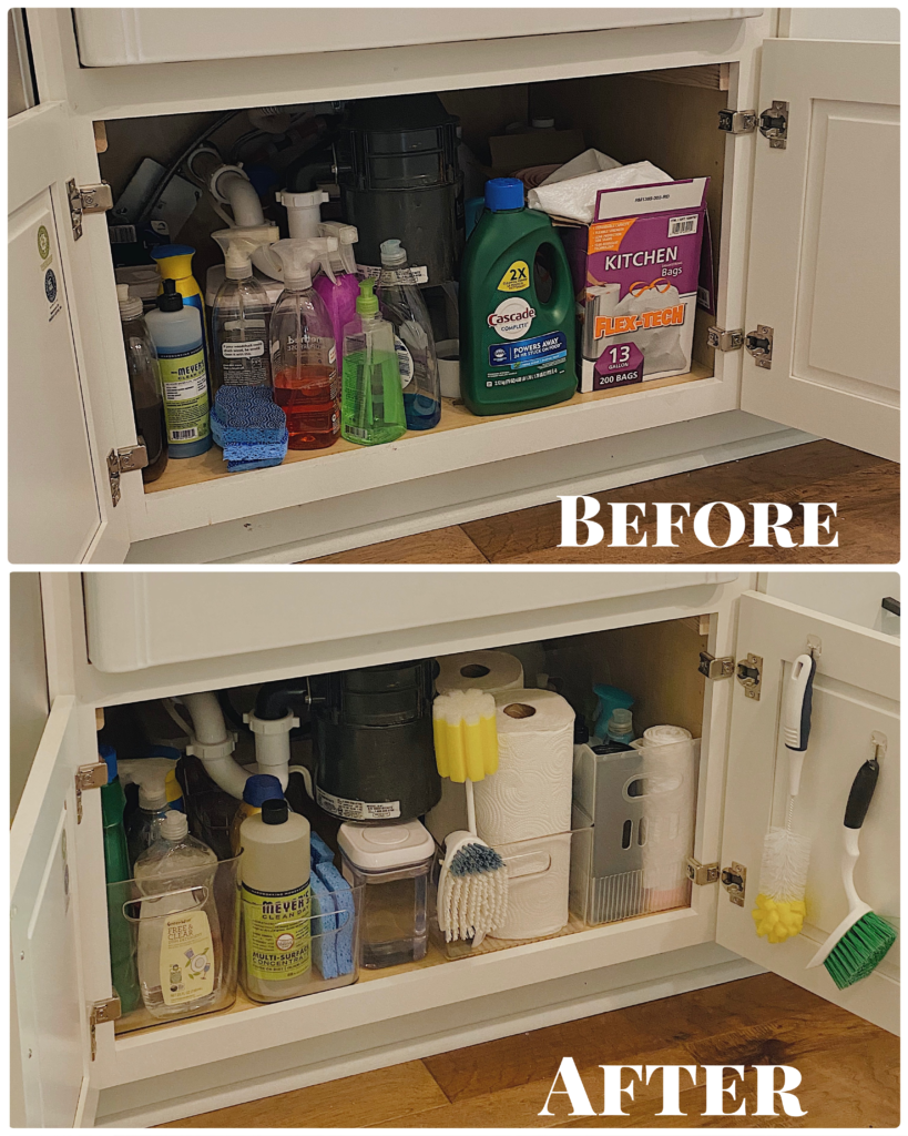 5 Easy and Super Practical Under Sink Organization Ideas for your Home featured by top AL home and lifestyle blogger, She Gave It A Go |Under Sink Organization by popular Alabama lifestyle blog, She Gave It A Go: before and after image of under sink organization. 