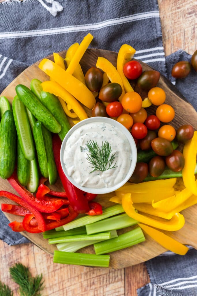 20 Best Picnic Food Ideas featured by top AL lifestyle blogger, She Gave It A Go |Picnic Food Ideas by popular Alabama lifestyle blog, She Gave It A Go: image of creamy dill dip and vegetables. 
