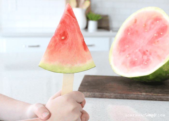 20 Best Picnic Food Ideas featured by top AL lifestyle blogger, She Gave It A Go |Picnic Food Ideas by popular Alabama lifestyle blog, She Gave It A Go: image of a watermelon slice on a wooden popsicle stick. 