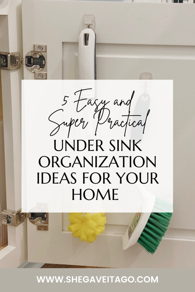 5 Easy and Super Practical Under Sink Organization Ideas for your Home featured by top AL home and lifestyle blogger, She Gave It A Go |Under Sink Organization by popular Alabama lifestyle blog, She Gave It A Go: Pinterest image of cleaning brushes hanging on hooks on the inside of a cabinet door. 