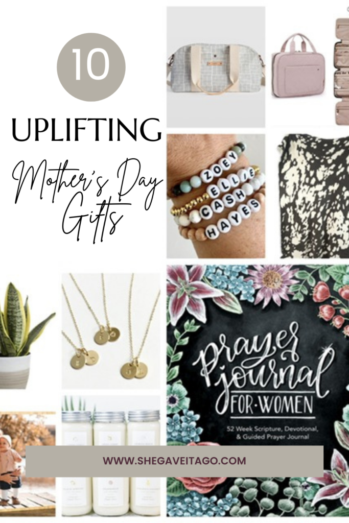 10 Uplifting Mother's Day Gifts featured by top AL lifestyle blogger, She Gave It A Go |Mother's Day Gifts by popular Alabama lifestyle blog, She Gave It A Go: collage image of beaded name bracelets, initial pendant necklaces, scented candles, personalized duffle bag, traveling case, snake tongue plant, and cow hide blanket. 