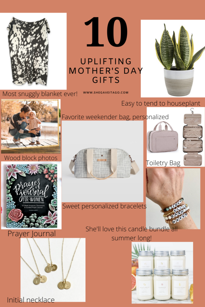 10 Uplifting Mother's Day Gifts featured by top AL lifestyle blogger, She Gave It A Go | Mother's Day Gifts by popular Alabama lifestyle blog, She Gave It A Go: collage image of name bracelets, initial pendant necklaces, candles, snake tongue plant, traveling case, and cow hide blanket. 