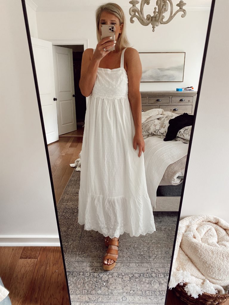 July 4th Edition Of Welcome Home Saturday by top AL home blogger, She Gave It A Go | Welcome Home Saturday by popular Alabama lifestyle blog, She Gave It A Go: image of a woman wearing a white eyelet maxi dress. 