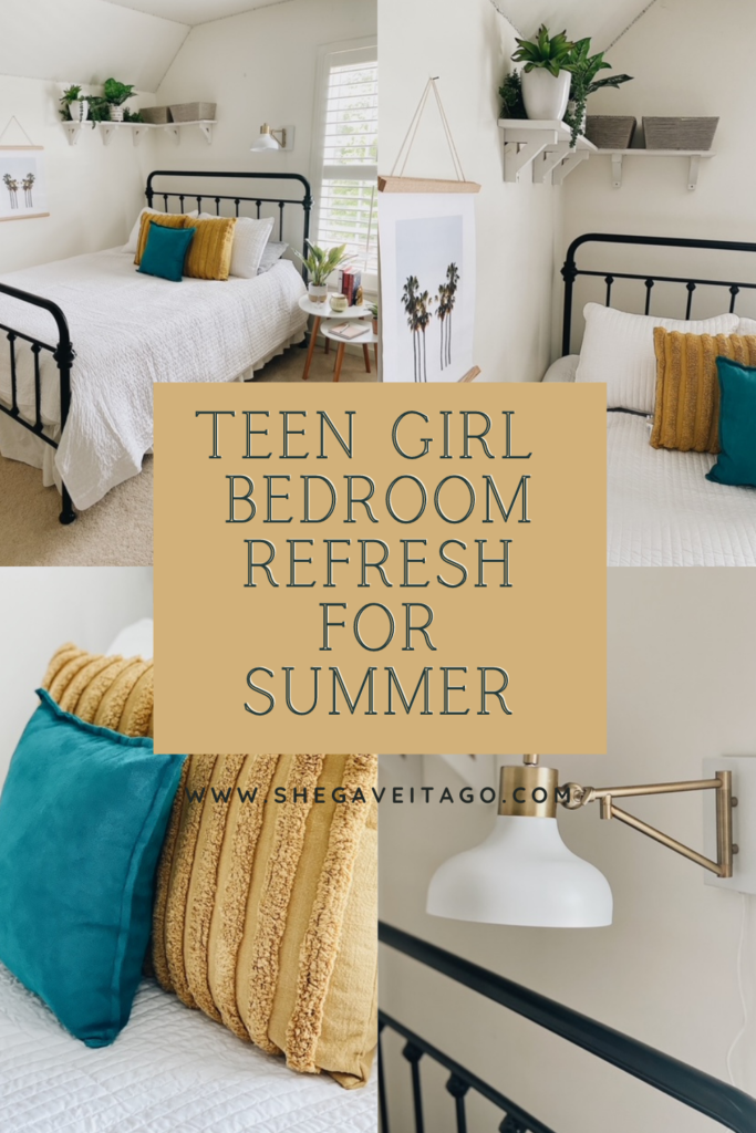Teen Girl Bedroom Decor for Summer featured by top AL home blogger, She Gave It A Go | Teen Girl Bedroom by popular Alabama life and style blog, She Gave It A Go: Pinterest image of a bedroom with a black metal bedroom with white bedding and mustard yellow and teal blue throw pillows, palm tree art print hanging on the wall, white corner shelving with house plants in white ceramic pots and grey storage baskets, sconce lighting, and white round midcentury modern bedside nesting tables