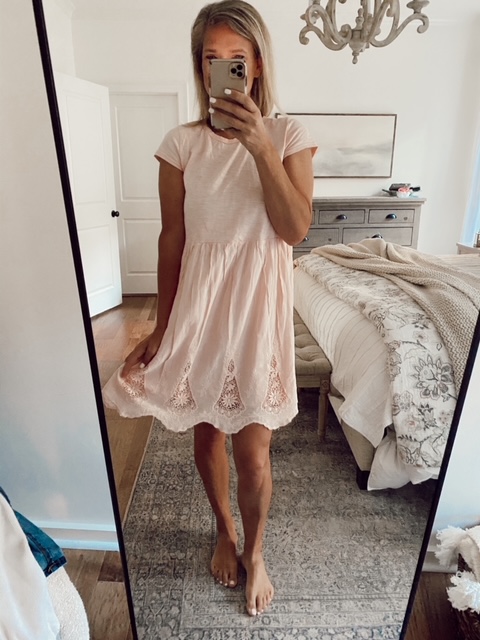Welcome Home Saturday With Paula Of Sweet Pea featured by top AL home blogger, She Gave It A Go. | Welcome Home Saturday by popular Alabama lifestyle blog, She Gave It A Go: image of a woman looking at herself in a full body mirror and wearing a pink eyelet hem dress. 