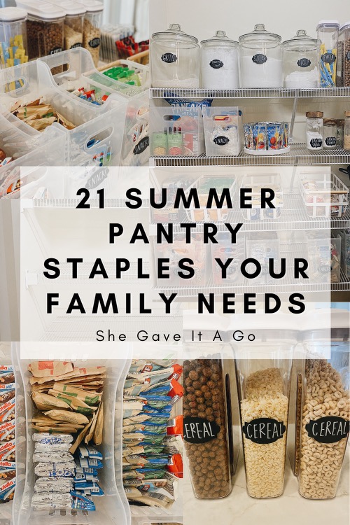 21 Summer Pantry Staples your Family Needs featured by top AL lifestyle blogger, She Gave It A Go | Welcome Home Saturday by popular Alabama lifestyle blog, She Gave It A Go: Pinterest image of an organized pantry with food in clear storage bins with black labels. 