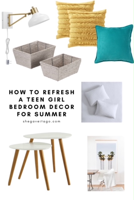 Teen Girl Bedroom by popular Alabama life and style blog, She Gave It A Go: collage image of white and light wood midcentury modern nesting tables, palm tree photo print, white pillows, grey storage baskets, sconce light, mustard yellow throw pillows and teal blue throw pillow. 