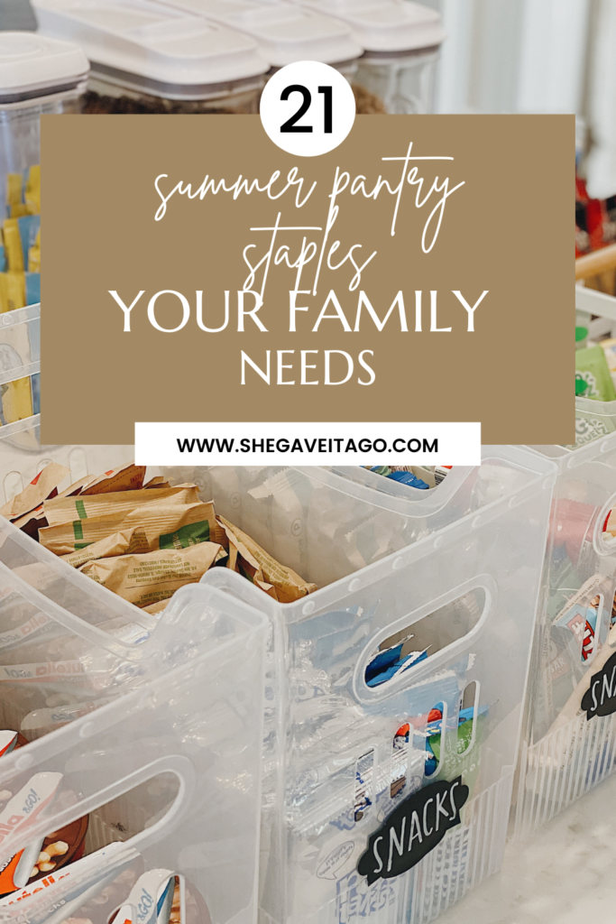 21 Summer Pantry Staples your Family Needs featured by top AL lifestyle blogger, She Gave It A Go | Pantry Items by popular Alabama lifestyle blog, She Gave It A Go: Pinterest image of pantry snacks in acrylic storage bins with black labels. 