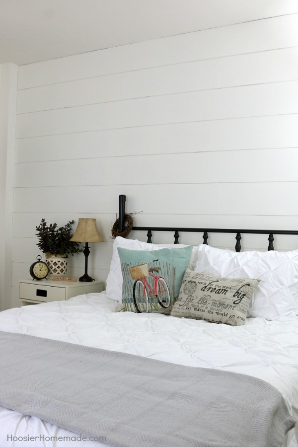 5 Shiplap Wall Ideas featured by top AL home decor blogger, She Gave It A Go | Shiplap Wall Ideas by popular Alabama life and style blog, She Gave It A Go: image of a bedroom with white shiplap walls. 