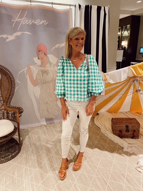 Target top | Welcome Home Saturday by popular Alabama lifestyle blog, She Gave It A Go: image of a woman wearing a green and white gingham Target top with white jeans and brown strap sandals. 