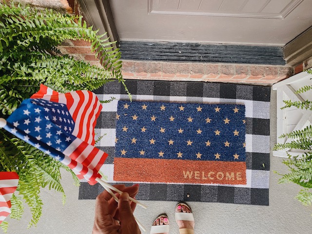 July 4th Edition Of Welcome Home Saturday by top AL home blogger, She Gave It A Go | Welcome Home Saturday by popular Alabama lifestyle blog, She Gave It A Go: image of an American flag welcome mat. 