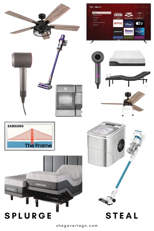 Welcome Home Saturday by popular Alabama lifestyle blog, She Gave It A Go: collage image of farm house ceiling fan, flatscreen t.v., Samsung The Frame t.v., Dyson vacuum, people ice machine, Dyson hair dryer, mattress, washing machine, and Sven and Son mattresses. 