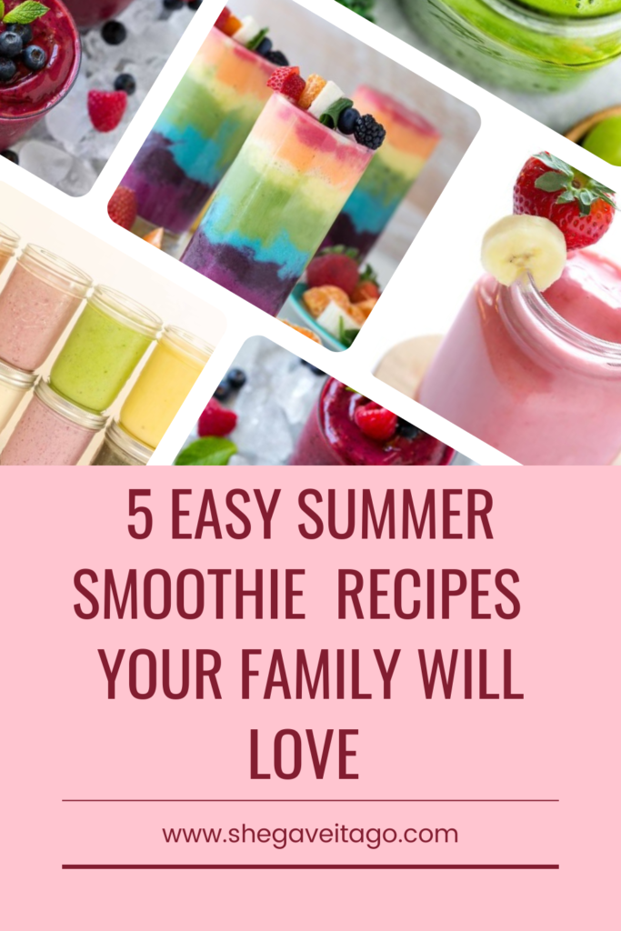 5 Easy Summer Smoothie Recipes featured by top AL lifestyle blogger, She Gave It A Go | Summer Smoothie Recipes by popular Alabama lifestyle blog, She Gave It A Go: Pinterest image of summer smoothies. 