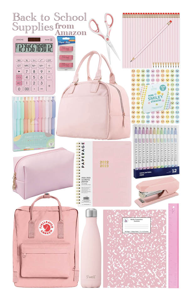 pink mood board of school supplies from Amazon