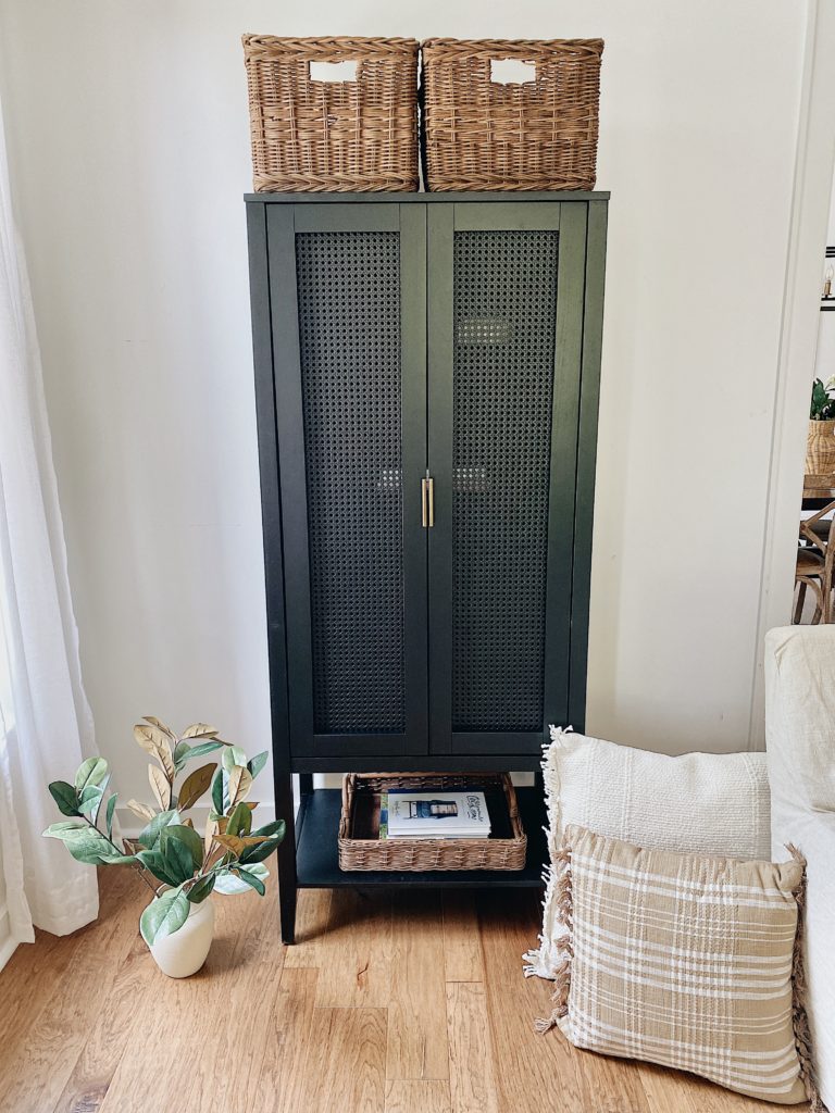 black cabinet with baskets and plant in corner of living room