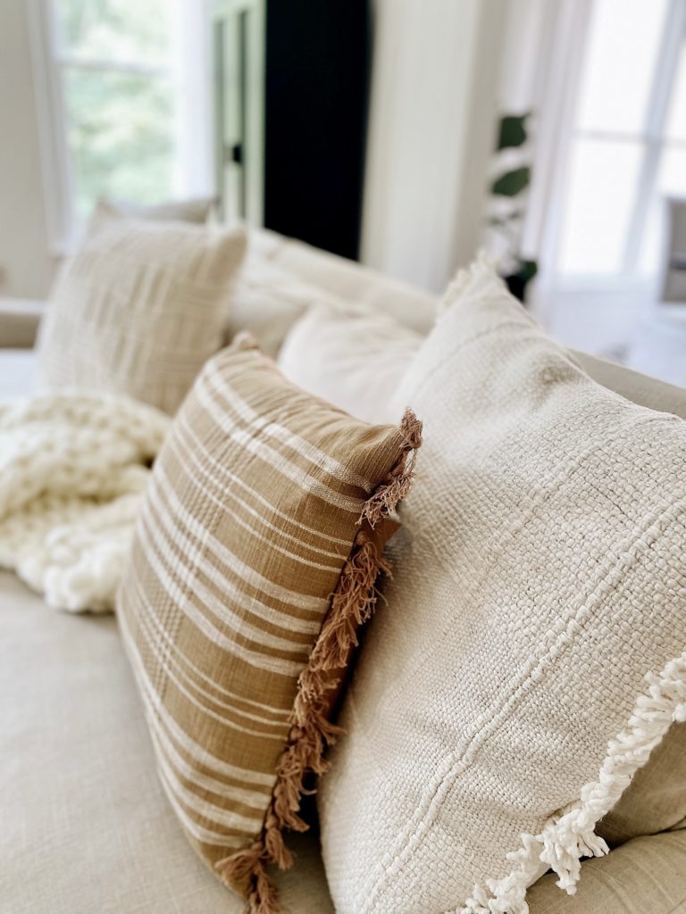 fall pillows on living room sofa