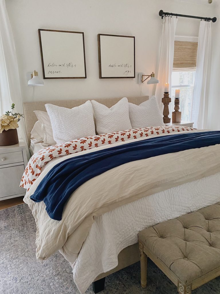 master bedroom with fall bedding