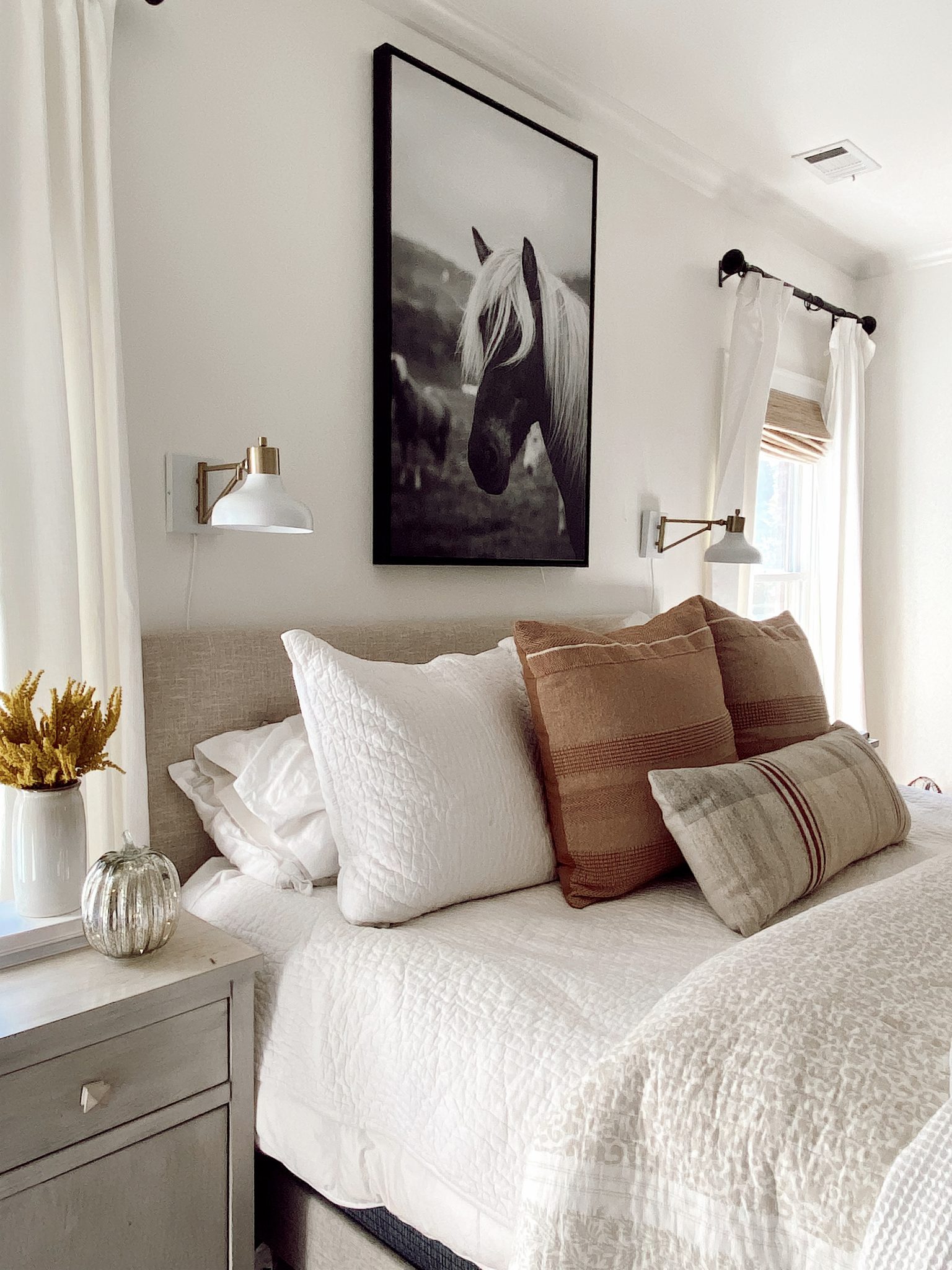 fall bedding with horse canvas above bed and nighstand