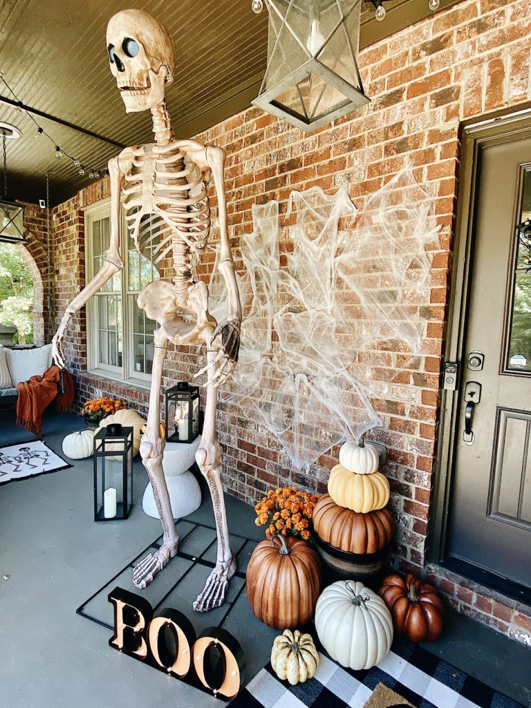 halloween front porch with 8 foot skeleton
