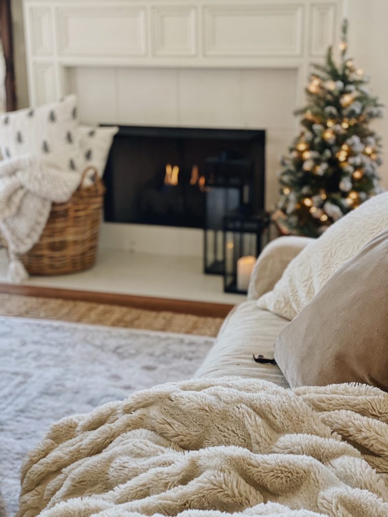 cozy view of fireplace with faux fur blanket, winter tree, and fire going