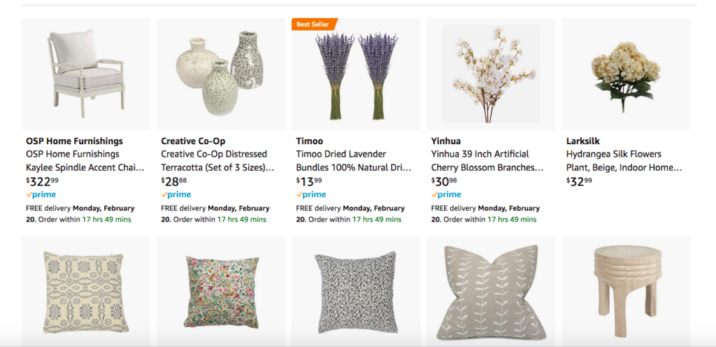 screenshot of spring home decor items including florals and pillows