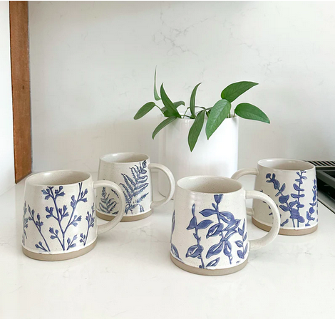 set of 4 mugs with botanical designs