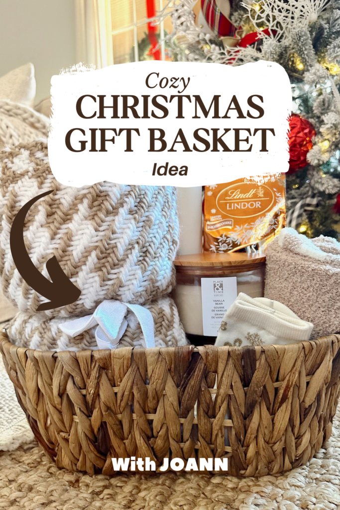 Pinterest Pin for cozy Christmas gift basket idea