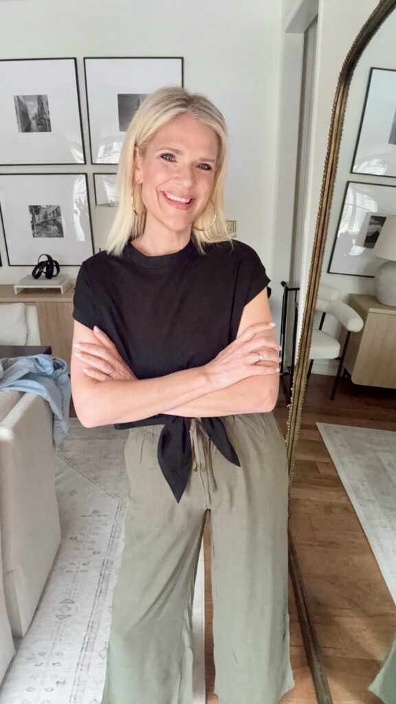 linen pants styled with one top